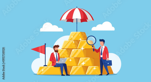 Two businessmen analyzing a pile of gold treasure on a cloud with an umbrella