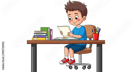 A young boy sitting at a desk reading a book surrounded by books and pencils in a learning environment from a straightforward viewpoint