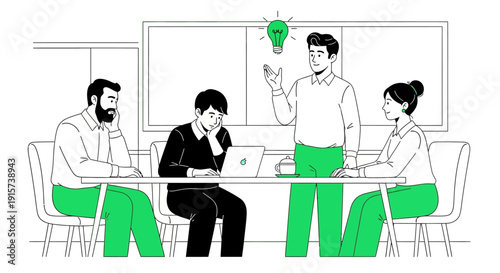 Four colleagues engaged in a brainstorming session around a table with a lightbulb idea above them in a modern office setting