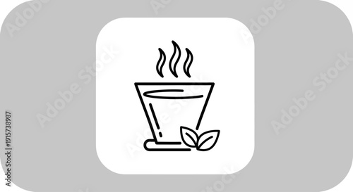 A simple line drawing of a steaming cup of tea on a saucer with leaves on a grey background viewed from directly above
