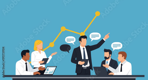 Business professionals gathered around a table discussing financial growth and strategies in a collaborative office environment from a top-down viewpoint