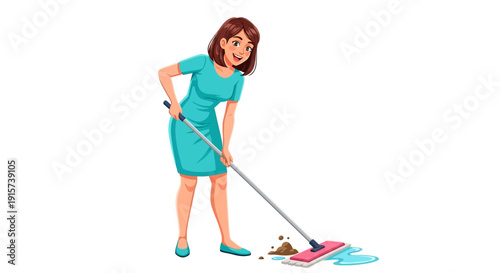 Woman in teal dress cleaning the floor with a mop and broom, standing in a domestic environment