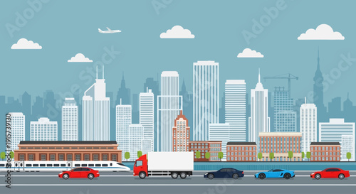 Cityscape illustration featuring vehicles, buildings, and urban landscape with various modes of transport and infrastructure from a distant viewpoint