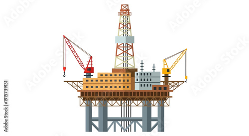 Offshore oil rig platform with cranes and drilling equipment in the open sea viewed from the side