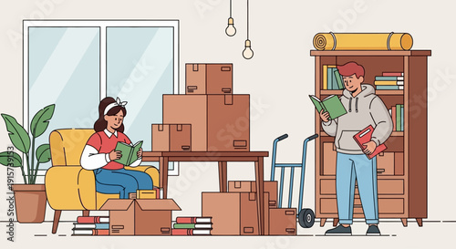 A man and woman unpacking boxes in a living room with furniture and cartons surrounding them, viewed from the side.