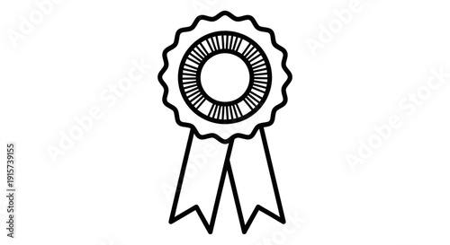 Simple black and white illustration of a badge or rosette with ribbon