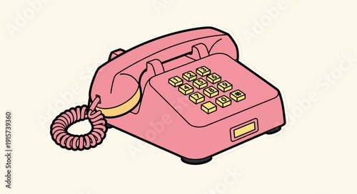 Vintage pink rotary phone with yellow buttons on a simple background viewed from a slight angle