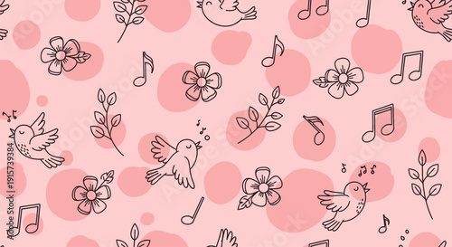 Birds and flowers pattern on a pastel background with musical elements from an aerial view