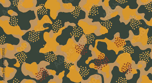 Camouflage pattern featuring abstract shapes and dots in shades of orange, yellow, and green, creating a textured and layered visual effect