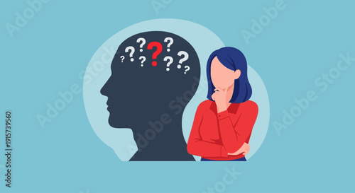 A woman ponders with a silhouette of a head full of question marks beside her in a thoughtful pose