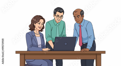 Three professionals collaborating around a laptop on a wooden table in a modern office setting viewed from the front