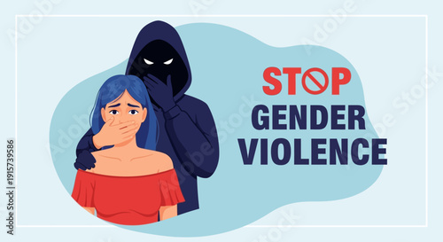 A woman stands beside a masked figure, highlighting the critical issue of gender violence and the need for awareness.