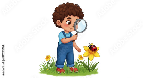 A young boy examines a daffodil closely with a magnifying glass in a sunny garden filled with flowers