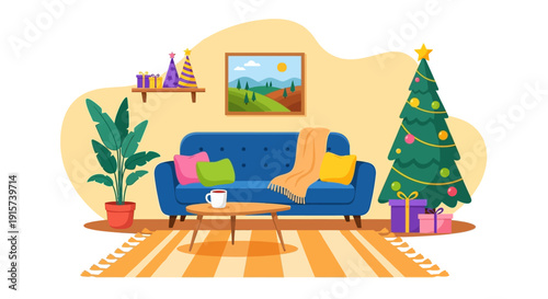 Cozy living room scene with a blue sofa, Christmas tree, and decorations on a striped rug, viewed from the front.