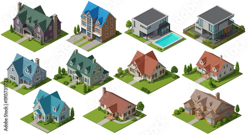 Collection of diverse house illustrations displayed in a grid on a white background from an aerial viewpoint