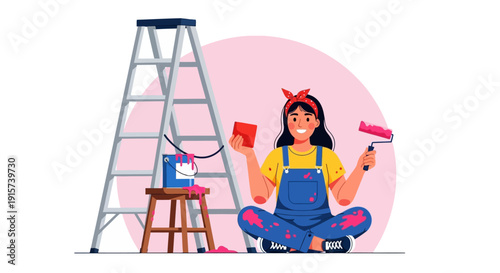 Woman in overalls sitting cross-legged with painting tools surrounded by a ladder and stool in an artistic environment