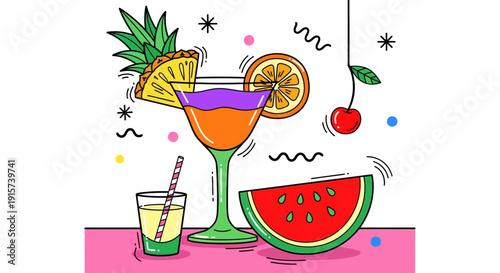 Vibrant summer cocktail with pineapple and watermelon on a pink table