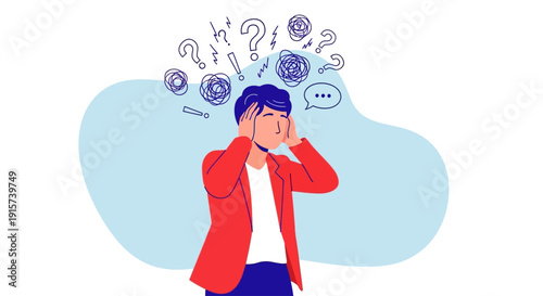 Man experiencing mental confusion with question marks and thought bubbles surrounding him
