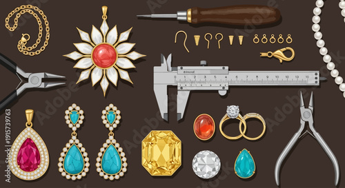 Assortment of jewelry pieces and jewelry making tools displayed on a dark surface from a top-down viewpoint