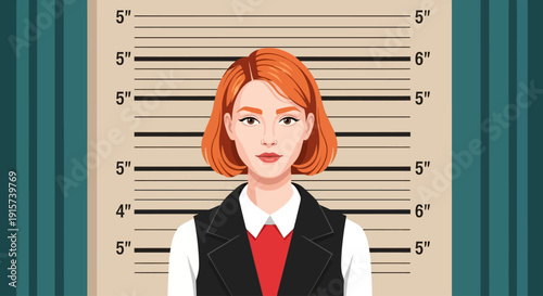 Woman standing in front of a height chart with a neutral expression and red hair, wearing a red tie and black vest, in a law enforcement setting