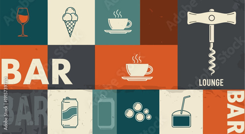 Collage of beverage and dessert icons representing a modern bar lounge atmosphere from a straightforward viewpoint