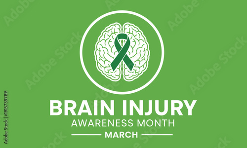 Brain injury awareness month with green ribbon and brain illustration