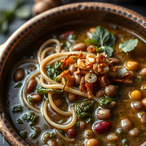Iranian vegan ash reshteh noodle soup in copper pot