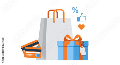Shopping bags and gift box with ribbon and tag, symbolizing retail and online purchase satisfaction