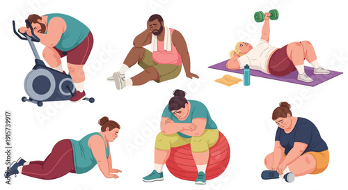 People engaging in various fitness activities at home or in a gym, exercising on equipment and mats, promoting a healthy lifestyle