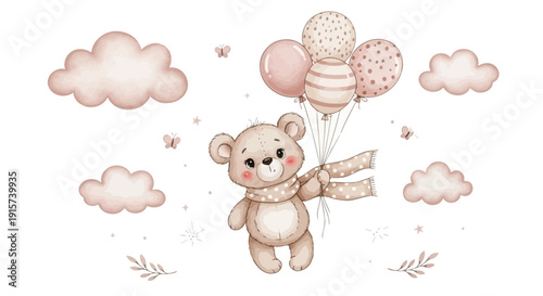 A teddy bear flying with balloons in the cloudy sky