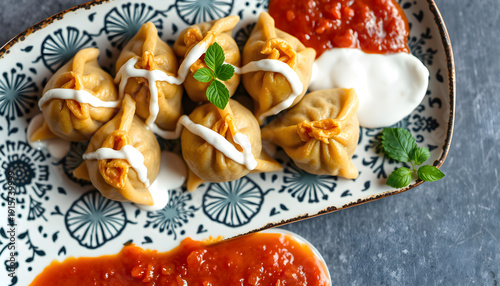 Vegan Afghan mantu dumplings on platter with yogurt sauce