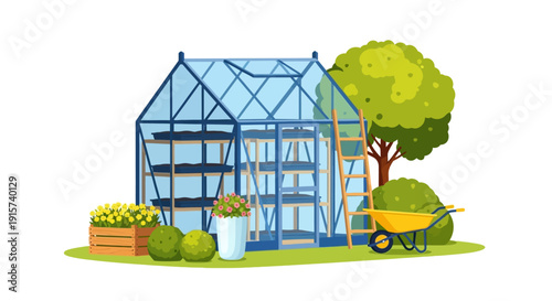A serene greenhouse scene with gardening tools and lush plants viewed from the front