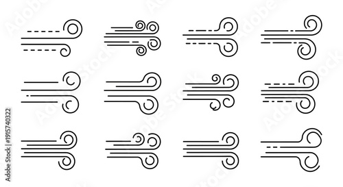 Collection of abstract line designs with swirls and dots on a plain background