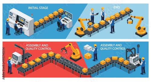 Manufacturing Process Stages Illustrated on a Production Line with Robots and Machinery in an Industrial Setting