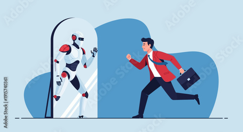 A businessman in a red jacket rushes past a mirror, briefcase in hand, as shards of glass fly outward