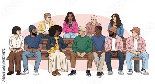 Diverse group of people sitting together on benches in a relaxed atmosphere from a straightforward viewpoint