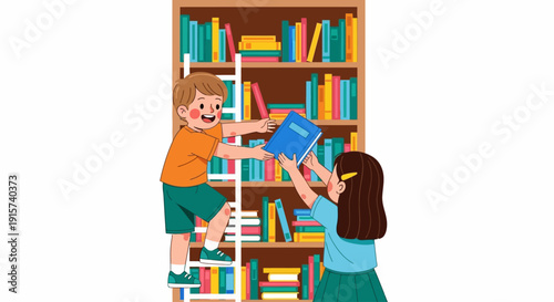 Children browsing through books on a tall bookshelf in a library from a front viewpoint