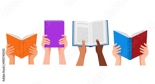 Multiple hands holding different colored books upwards in a row, showcasing various literature and education