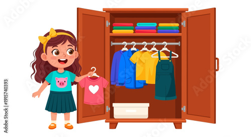 Young girl standing beside an open wardrobe with various colorful clothes hanging inside, holding a pink shopping bag with a heart