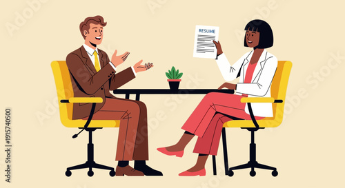 Two professionals engaged in a discussion, seated in yellow chairs around a table, in a modern office setting, viewed from the side.