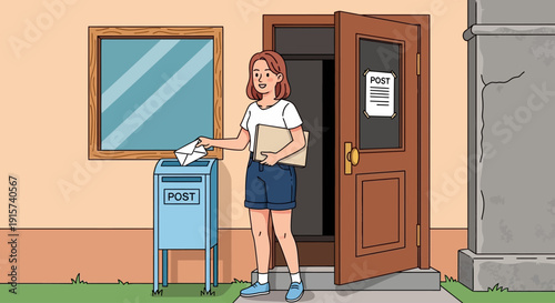Young woman posting letter outside postal office building with mailbox and door open