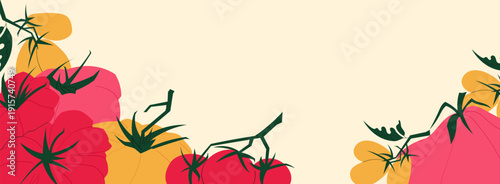 Horizontal banner with red and yellow tomatoes and vine leaves forming decorative border, empty copy space for text