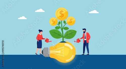 Two business professionals nurturing a growing lightbulb with coins, symbolizing innovation and financial growth in a collaborative environment
