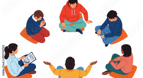 Group of people sitting in a circle engaged in a discussion or meeting on orange cushions