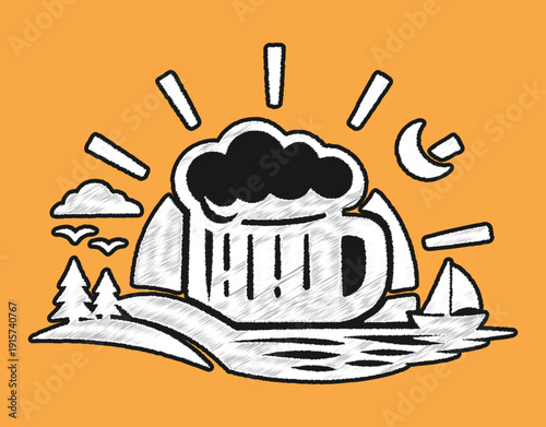 Scenic Summer Brew Sunset Embroidery Style Graphic for Craft Beer Fans