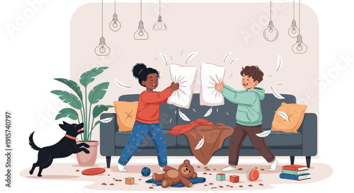 Two people having a pillow fight in a messy living room with a dog watching, surrounded by toys and pillows.