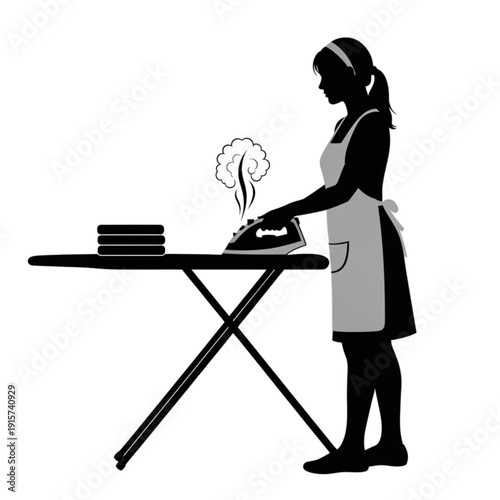 Woman ironing clothes on ironing board isolated on transparent background.