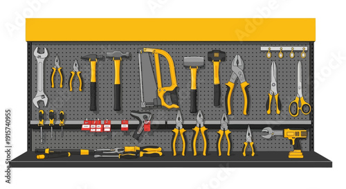 Assorted tools neatly arranged on a pegboard with various equipment and machinery in an organized workspace