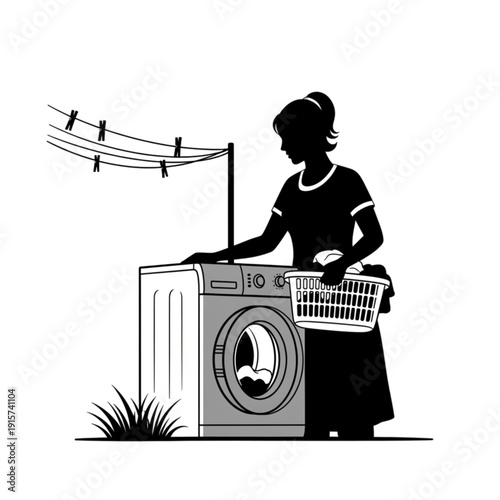 Woman loading washing machine with laundry isolated on transparent background.