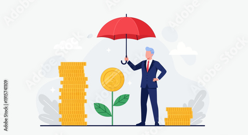 Businessman standing with umbrella protecting a growing coin plant surrounded by stacks of gold coins
